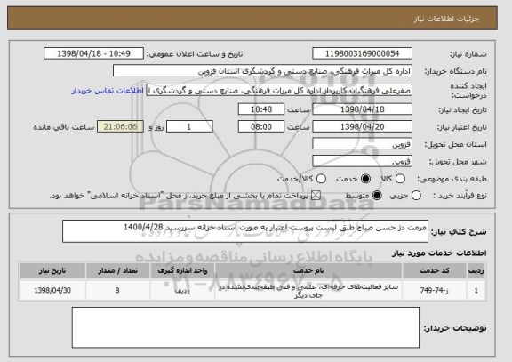 استعلام مرمت دژ حسن صباح طبق لیست پیوست اعتبار به صورت اسناد خزانه سررسید 1400/4/28