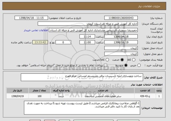 استعلام  ساخت وبهسازی ابنیه تاسیسات برقی وسیستم ابرسانی مرکز فهرج