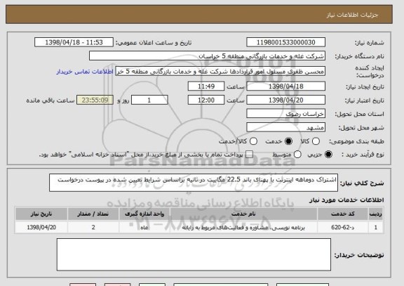 استعلام اشتراک دوماهه اینترنت با پهنای باند 22.5 مگابیت در ثانیه براساس شرایط تعیین شده در پیوست درخواست 