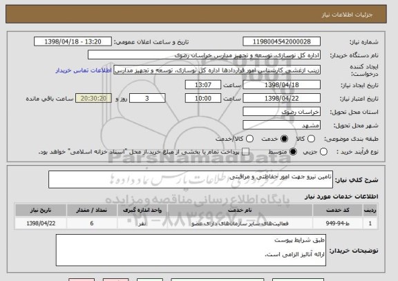 استعلام تامین نیرو جهت امور حفاظتی و مراقبتی 