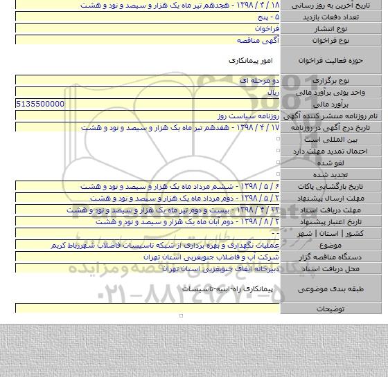 عملیات نگهداری و بهره برداری از شبکه تاسیسات فاضلاب شهررباط کریم