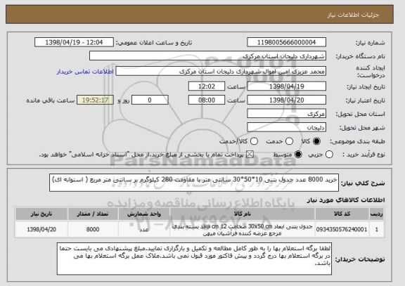 استعلام خرید 8000 عدد جدول بتنی 10*50*30 سانتی متر با مقاومت 280 کیلوگرم بر سانتی متر مربع ( استوانه ای)