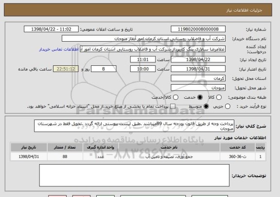 استعلام پرداخت وجه از طریق قانون بودجه سال 89میباشد .طبق لیست پیوستی ارائه گردد .تحویل فقط در شهرستان منوجان