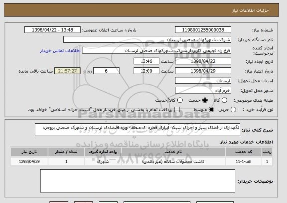 استعلام نگهداری از فضای سبز و اجرای شبکه آبیاری قطره ای منطقه ویژه اقتصادی لرستان و شهرک صنعتی بروجرد