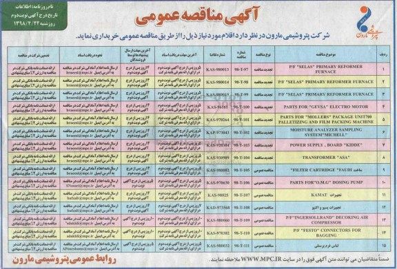 مناقصه P/F SELAS PRIMARY REFORMER FURNACE- نوبت دوم 