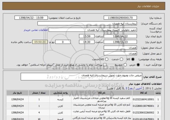 استعلام صیفی جات ومیوه جهت تحویل دربیمارستان اتیه همدان