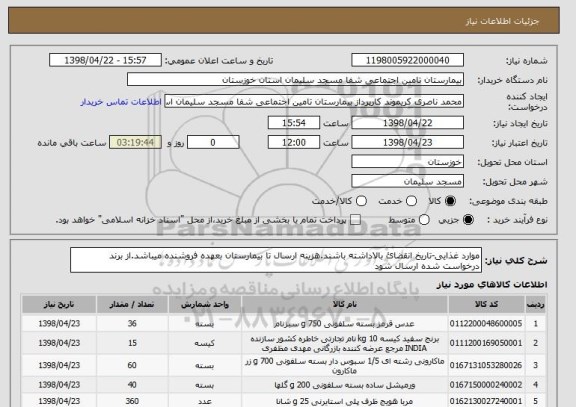 استعلام موارد غذایی-تاریخ انقضائ بالاداشته باشند.هزینه ارسال تا بیمارستان بعهده فروشنده میباشد.از برند درخواست شده ارسال شود