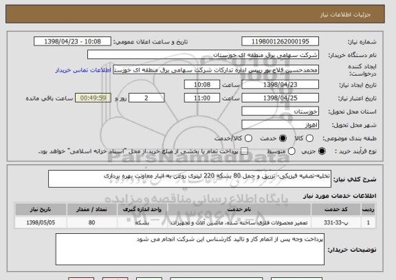 استعلام تخلیه-تصفیه فیزیکی- تزریق و حمل 80 بشکه 220 لیتری روغن به انبار معاونت بهره برداری 