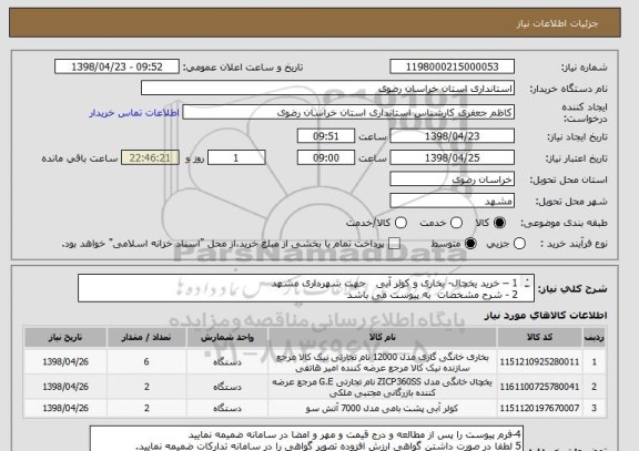 استعلام 1 – خرید یخچال- بخاری و کولر آبی   جهت شهرداری مشهد  
2 - شرح مشخصات  به پیوست می باشد 
3- در درخواست از ایران کد مشابه استفاده شده است

