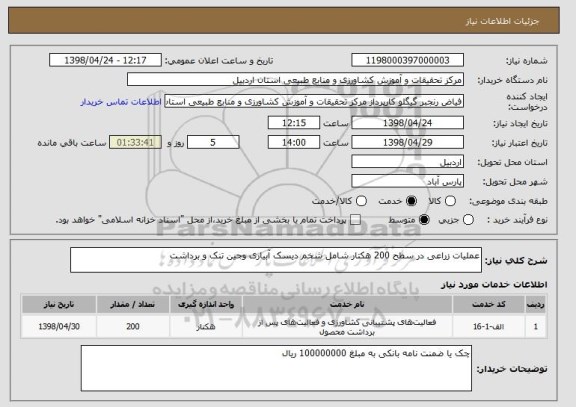 استعلام عملیات زراعی در سطح 200 هکتار شامل شخم دیسک آبیاری وجین تنک و برداشت 