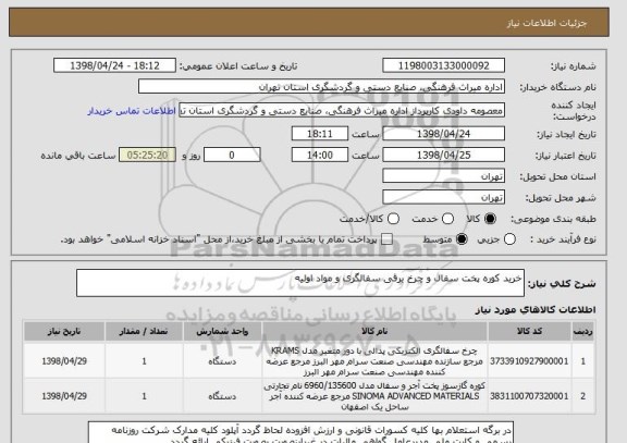 استعلام خرید کوره پخت سفال و چرخ برقی سفالگری و مواد اولیه