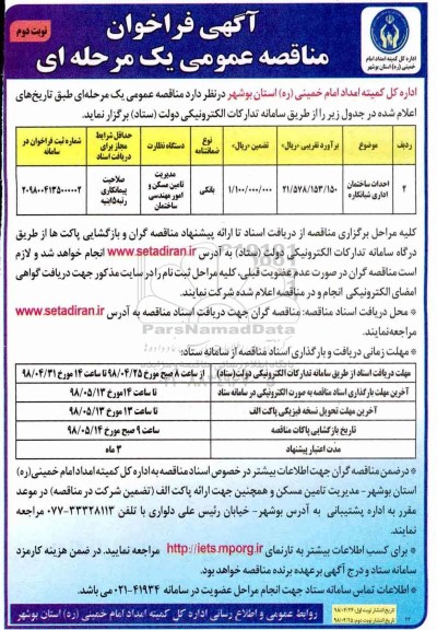 فراخوان عمومی , فراخوان مناقصه احداث ساختمان اداری شبانکاره نوبت دوم 