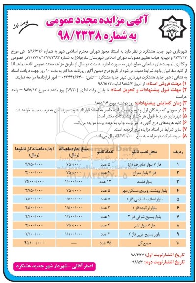 آگهی فراخوان مزایده عمومی, فراخوان مزایده واگذاری لمبوست های تبلیغاتی سطح شهر - مجدد 