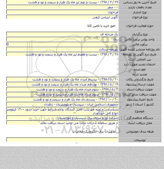 شناسایی و تهیه فهرست تامین کنندگان واجد شرایط جهت خرید حدود ۱۳۰۰ کیلومتر انواع کابل خونگهدار