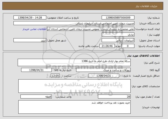 استعلام سکه تمام بهار ازادی طرح امام به تاریخ 1386