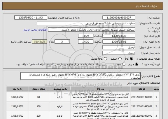 استعلام کابل 4*5 NYY مفتولی ، کابل 5/2*3 NYY مفتولی و کابل 6*4 NYY مفتولی طبق مدارک و مشخصات پیوستی