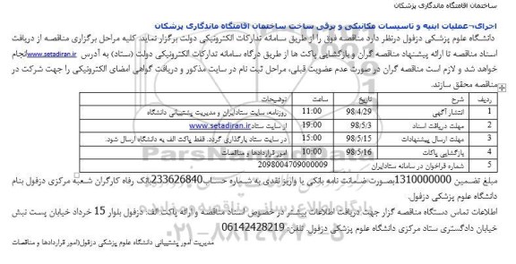 مناقصه اجرای عملیات ابنیه و تاسیسات مکانیکی و برقی