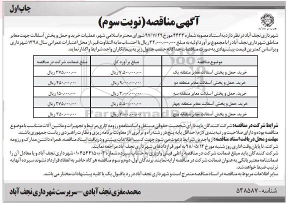 آگهی مناقصه , مناقصه خرید، حمل و پخش آسفالت معابر منطقه یک  و... نوبت سوم چاپ اول
