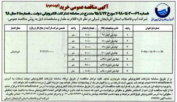 مناقصه عمومی, مناقصه لوله پلی اتیلن و... نوبت دوم 