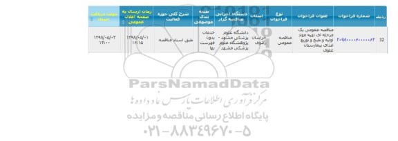 مناقصه عمومی , مناقصه مواد اولیه و طبخ و توزیع غذای بیمارستان