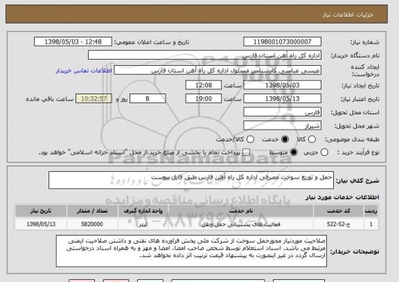 استعلام حمل و توزیع سوخت مصرفی اداره کل راه آهن فارس طبق فایل پیوست