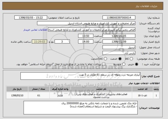 استعلام آبیاری مزرعه ذرت علوفه ای در سطح 61 هکتار در 5 نوبت