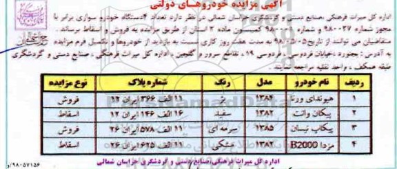 مزایده ، مزایده 4 دستگاه خودرو سواری 