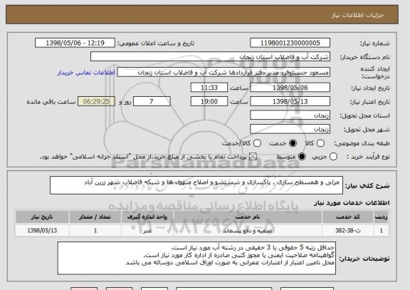 استعلام  مرئی و همسطح سازی ، پاکسازی و شستشو و اصلاح منهول ها و شبکه فاضلاب شهر زرین آباد 