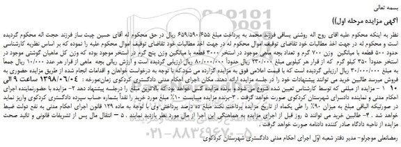 مزایده، مزایده فروش حدود 500 قطعه با میانگین  وزن 700 گرم و تعداد بچه ماهی موجود در استخر 3000 قطعه