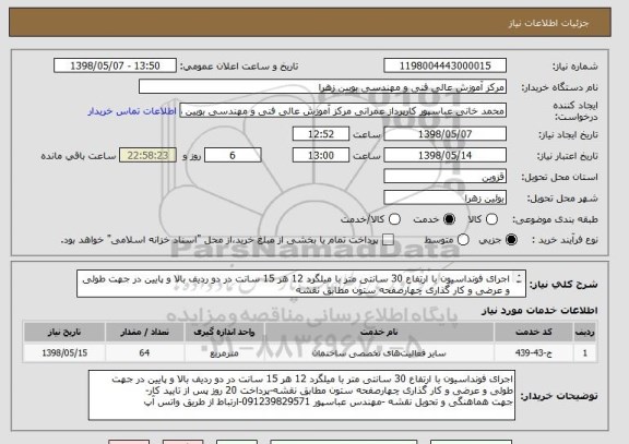 استعلام اجرای فونداسیون با ارتفاع 30 سانتی متر با میلگرد 12 هر 15 سانت در دو ردیف بالا و پایین در جهت طولی و عرضی و کار گذاری چهارصفحه ستون مطابق نقشه
