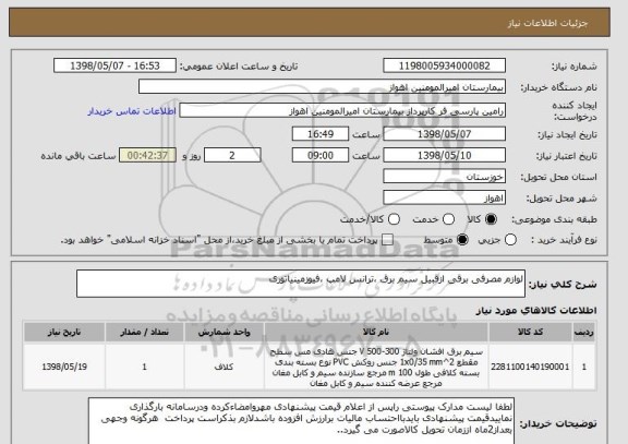 استعلام لوازم مصرفی برقی ازقبیل سیم برق ،ترانس لامپ ،فیوزمینیاتوری 