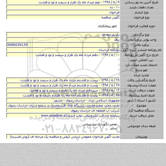 تجدید مجدد تعمیر ومرمت ایستگاه های هیدرومتری در سطح استان خراسان رضوی