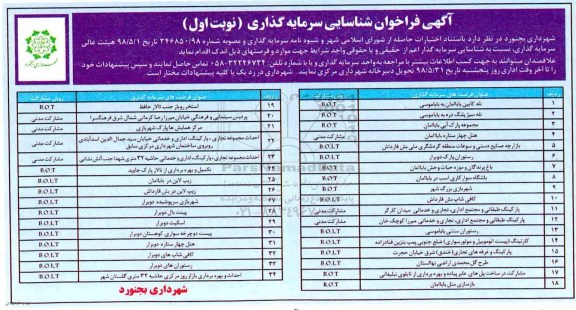 آگهی فراخوان شناسایی سرمایه گذاری