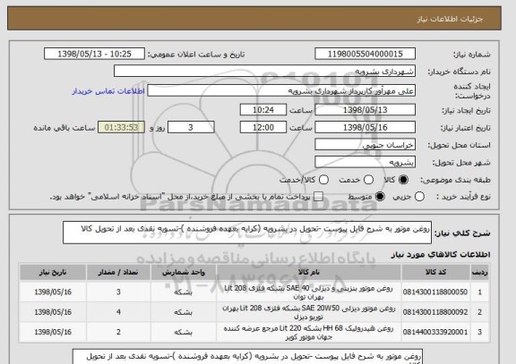 استعلام روغن موتور به شرح فایل پیوست -تحویل در بشرویه (کرایه بعهده فروشنده )-تسویه نقدی بعد از تحویل کالا 