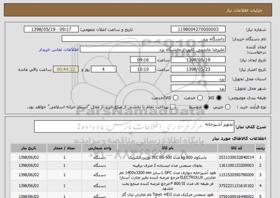 استعلام تجهیز آشپزخانه