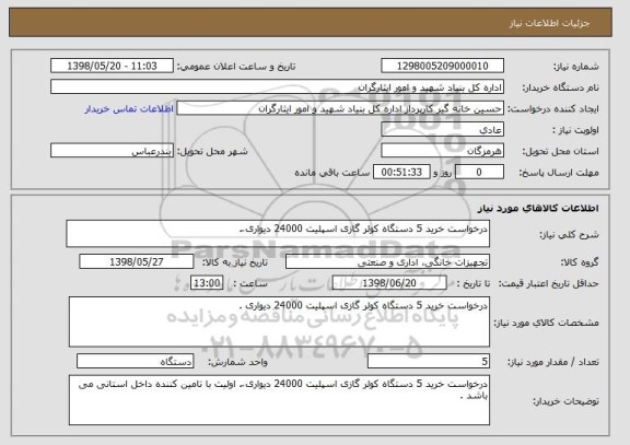 استعلام درخواست خرید 5 دستگاه کولر گازی اسپلیت 24000 دیواری َ.