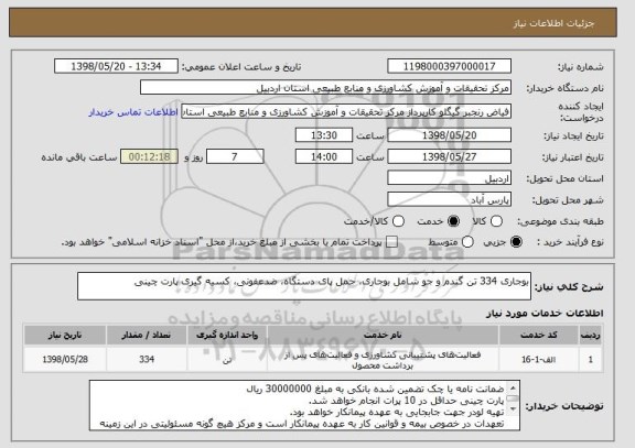 استعلام بوجاری 334 تن گندم و جو شامل بوجاری، حمل پای دستگاه، ضدعفونی، کسیه گیری پارت چینی 