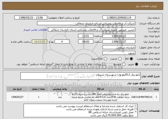 استعلام تابلو برق 9.2کیلو وات شهرستان شیروان 