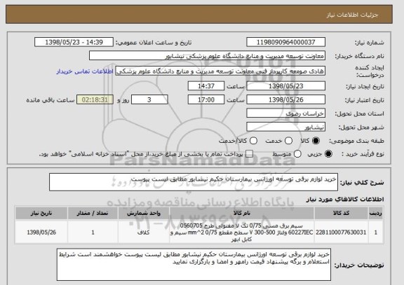 استعلام خرید لوازم برقی توسعه اورژانس بیمارستان حکیم نیشابور مطابق لیست پیوست 