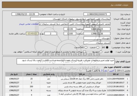 استعلام خرید لوازم تحریر و ملزومات مصرفی- هزینه ارسال بعهده فروشنده میباشد-اقلام با کیفیت بالا ارسال شود