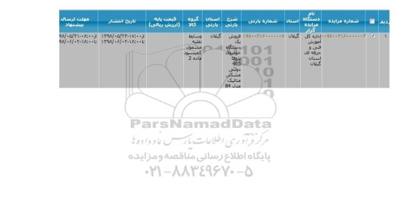 مزایده ، مزایده فروش یک دستگاه خودروی دولتی پژو