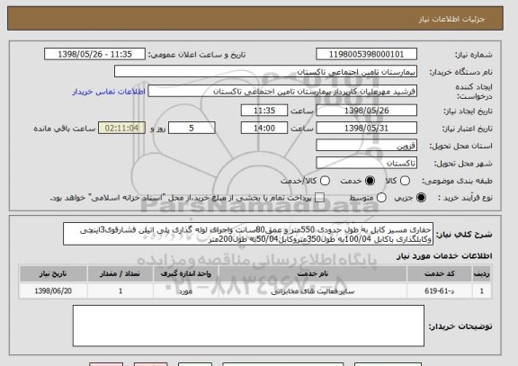 استعلام حفاری مسیر کابل به طول حدودی 550متر و عمق80سانت واجرای لوله گذاری پلی اتیلن فشارقوی3اینچی وکابلگذاری باکابل 100/04به طول350متروکابل50/04به طول200متر