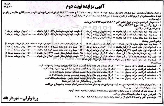 آگهی مزایده , مزایده واگذاری مغازه های واقع در طبقات مختلف - 98.5.26