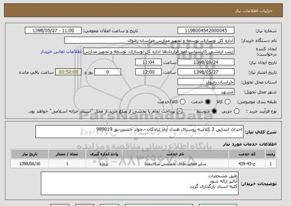 استعلام احداث ابتدایی 3 کلاسه روستای هندل آباد تبادکان - جواد حسین پور 989019