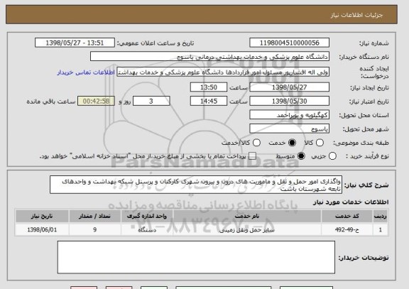 استعلام واگذاری امور حمل و نقل و ماموریت های درون و بیرون شهری کارکنان و پرسنل شبکه بهداشت و واحدهای تابعه شهرستان باشت