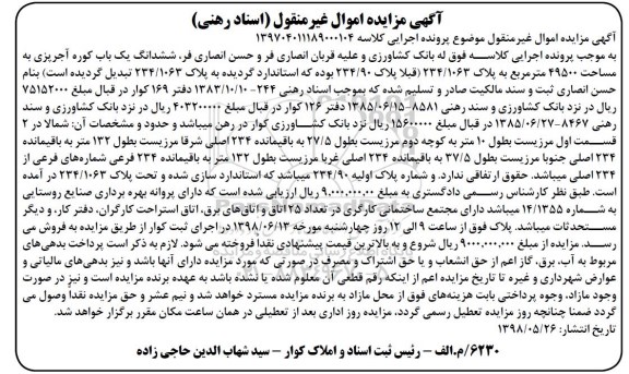 مزایده ، مزایده ششدانگ یک باب کوره آجرپزی