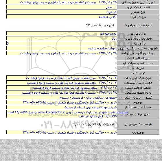 خرید ۲۵۰۰۰۰متر کابل خودنگهدار فشار ضعیف ۶ رشته ۲۵-۲۵+۷۰+۷۰*۳