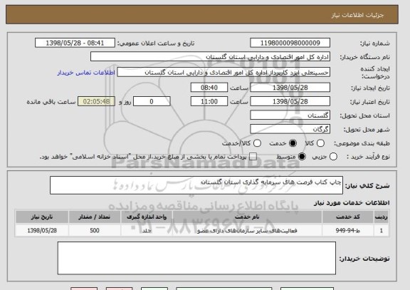 استعلام چاپ کتاب فرصت های سرمایه گذاری استان گلستان