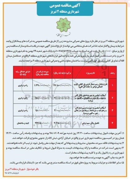 آگهی مناقصه عمومی , مناقصه طرح تبادل رمپ شمال غربی پل....