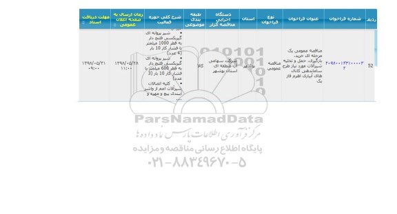 مناقصه , مناقصه خرید ، بارگیری ، حمل و تخلیه شیرآلات